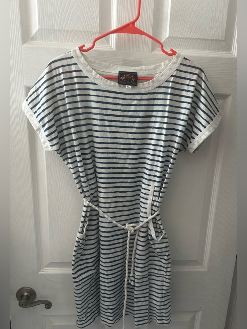Striped Rope-Belt T-Shirt Dress - White & Navy